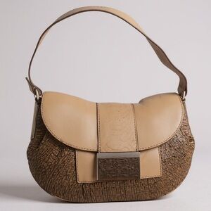 Calvin Klein Vintage Raffia Snake Leather Hobo Shoulder Bag Wood Buckle Y2K Tan